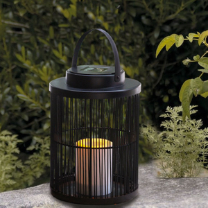 Solar Outdoor Powered Rattan Lantern Column Shaped (Large Size) with LED Candle Holder in Nature Color